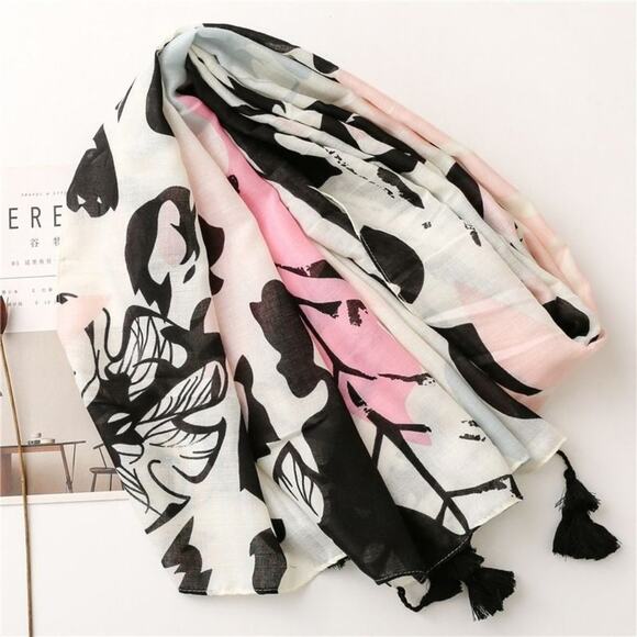 NEW Boho Floral Tasseled Rectangle Soft Chic Scarf Large Pink White Black - Picture 6 of 15